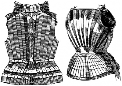 Рис. 5. Внутренняя сторона спины итальянской бригантины, пластинки у шеи и бедер соединены с кольчугой. Ок. 1510 г. Рис. 6. Наспинник, с задней частью юбки. От максимилиановского доспеха графа Айтеля Фридриха фон Цоллерна (ум. 1512). Германия, ок. 1500 г.