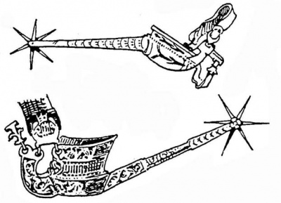 Рис. 246. Готическая шпора. Из резного железа; местами перфорированная и луженая. Кон. XV в. Рис. 247. Шпора. Из ажурного листового железа с вырубными украшениями; на дужке — надпись: «POMNY NA MYE, &gt;MA MYLA WYERNA PANY» («Помни обо мне, моя дорогая, верная жена»); на обивке ремешка можно разглядеть готическую монограмму под короной, до сих пор не расшифрованную.