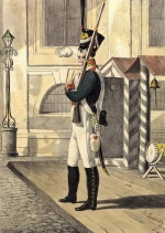 Рядовой лейб-гвардии Преображенского полка. Россия, Санкт-Петербург, 1821 г. Гравер: Кенель А. Бумага. Литография, акварель. 43,2х27,8 см