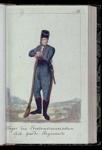 Егерь Преображенского полка. Россия, 1793 г. Гравер: Гейслер, Христиан Готтфрид Генрих. 1770-1844. Бумага, офорт, акварель. 18,8х11,1 см (рамка); 16,9х10,1 см