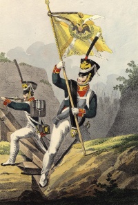 Знаменосец лейб-гвардии Преображенского полка. Россия, Санкт-Петербург, 1821 г. Гравер: Кенель, А. Литография, акварель. 43,2х28,2 см
