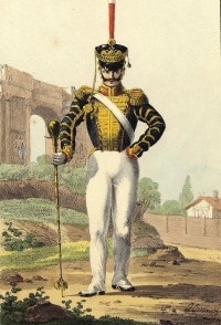 Тамбурмажор лейб-гвардии Преображенского полка. Россия, Санкт-Петербург, 1821 г. Гравер: Кенель, А. Литография, акварель. 42,8х27,5 см.