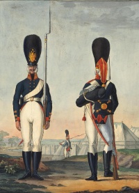 Рядовые лейб-гвардии Преображенского полка. Россия, 1802-1805 гг. Гравер: Орловский А.О. 1777-1832. Офорт, акварель, гуашь, тушь. 36,3х27,4 см