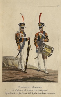 Барабанщик и музыкант лейб-гвардии Преображенского полка. Россия, Санкт-Петербург, 1821 г. Автор рисунка: Киль Л.И.?-1851; Гравер: Неизвестный гравер, перв. трети XIX в. Бумага, офорт, акватинта, акварель, гуашь, тушь. 31х23 см.