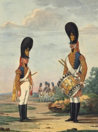 Флейтщик и барабанщик лейб-гвардии Преображенского полка. Россия, 1802-1805 гг. Гравер: Орловский А.О. 1777-1832. Бумага, офорт, акварель, гуашь, тушь.36,3х27,4 см.