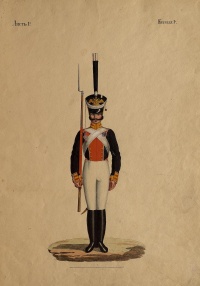 Унтер-офицер лейб-гвардии Преображенского полка ("ружье на плече"). Россия, Санкт-Петербург, 1823 г.Неизвестный художник, перв. четв. XIX в. Бумага, офорт, акварель, гуашь, лак. 34,3х25,7 см.