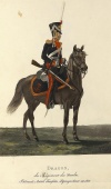 Рядовой лейб-гвардии Драгунского полка. Россия, Санкт-Петербург, 1821 г.Типография Главного штаба. Автор рисунка: Киль Л.И.?-1851; Гравер: Неизвестный гравер, перв. трети XIX в., бумага, офорт, акватинта, акварель, гуашь, тушь. 31х23 см.