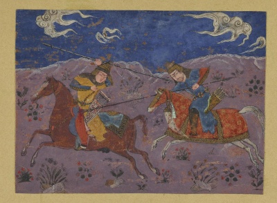 Поединок на копьях двух всадников. Иран, конец XIX в.