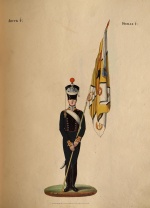 Портупей-прапорщик лейб-гвардии Саперного батальона ("На молитву 1-й темп"). Россия, Санкт-Петербург, 1824 г. Художник: Неизвестный художник, перв. четв. XIX в. Офорт, акварель, гуашь, лак. 35,2х25,3 см.