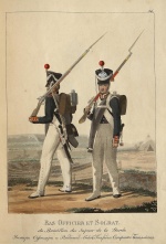 Унтер-офицер и рядовой лейб-гвардии Саперного батальона. Россия, Санкт-Петербург, 1821 г. Типография Главного штаба. Автор рисунка: Киль Л.И.?-1851; Гравер: Неизвестный гравер, перв. трети XIX в. Офорт, акватинта, акварель, гуашь, тушь. 31х23 см.