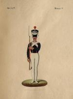 Унтер-офицер лейб-гвардии Саперного батальона ("от ноги 2-й темп"). Россия, Санкт-Петербург, 1823 г. Художник: Неизвестный художник, перв. четв. XIX в. Офорт, акварель, гуашь, лак. 34,8х25,8 см.