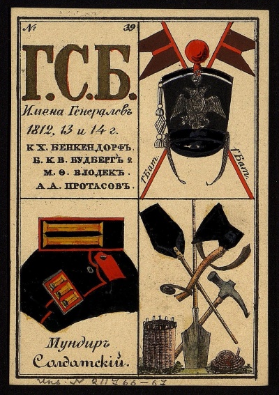 Карта №39 из "Альбома гвардейских форм": буква С , изображение обмундирования и атрибутов лейб-гвардии Саперного батальона, 2-я сторона. Россия, Санкт-Петербург, 1841 г. Литография Ивана Селезнева. Гравер: Грибанов К.М. 1797-?. Литография, акварель, лак.9,2х6,2 см.