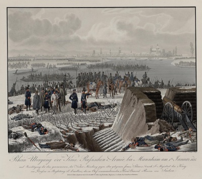 Переход русской армии через Рейн 1 (13) января 1814 года. Первая четверть XIX в. Гравер: Кунц, Рудольф. 1797-1848; Инвентор: Кобелль, Вильгельм фон. 1766-1853. Бумага, гравюра резцом. акварель. 49х52,7 см. Эрмитаж