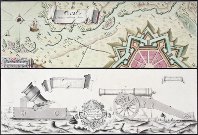 План и чертеж (крепость; мортира и пушка). Медвецко, Иван. Работал-сер. XVIII в. Россия, Санкт-Петербург, 1743 г. Бумага, перо, кисть, тушь, акварель. 43,2х63,8 см.