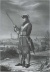 Фузилер лейб-гвардии Преображенского полка, 1700-1720 годы (вид изображает часть города и крепости Нарвы, покоренной российскими войсками в 1704 году)