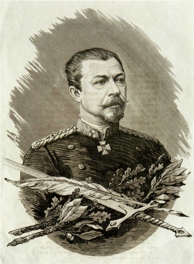 Михаил Григорьевич Черняев (1828-1898), военный и общественный деятель, генерал-лейтенант (1882), участник Крымской и Кавказской войн, военных действий в Туркестане. В мае 1876 г. вопреки воле российских властей, пытав¬шихся разрешить балканский кризис дипломатическим путем, уехал в Белград, где был назначен главнокоман¬дующим сербской армией во время войны Сербии и Черногории с Турцией. Портрет главнокомандующего сербскими войсками генерала М.Г. Черняева. Из журнала «Пчела» Санкт-Петербург. Типография А.М. Котомина и Н. Скарятина. 1876 г.