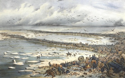 Отступление французов через Березину. Первая половина XIX в. Гравер: Адам, Жан Виктор. 1801-1867. Бумага, литография, акварель, 23,1х37,9 см.