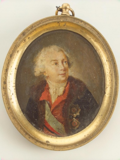 Миниатюра: Портрет Ивана Ивановича Шувалова. Россия (?), Неизвестный художник. 1780-е гг. Сведения об оригинале: Виже-Лебрен, Элизабет-Луиз (оригинал 1775 г.) или Шибанов, А.П. (копия 1785 г.). Кость, акварель, гуашь, лак. 7,4х6,2 см.