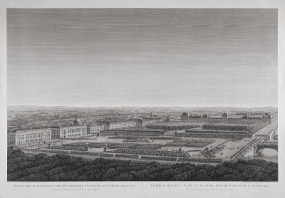 Пасхальное богослужение союзных войск 29 марта (10 апреля) 1814 г. на площади Людовика XV в Париже. Франция, Париж, 1814 г. Гравер: Неизвестный гравер; Автор рисунка: Баджетти, Джузеппе-Пьетро. 1764-1831. Бумага, гравюра офортом и резцом, 64х87 см. ГЭ.