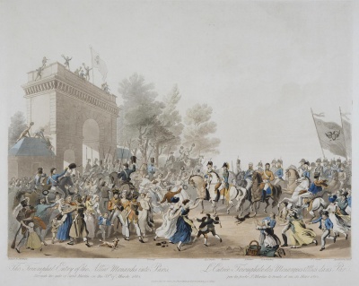 Торжественное вступление союзных монархов России и Пруссии в Париж 31 марта 1814 года. Великобритания, 1814 г. Гравер: Рив, Р.-Г. Работал-1811-1837; Автор оригинала: Райт, Джон Мэси. 1777-1866, бумага, гравюра очерком, акватинта, акварель, 56,7х73 см. ГЭ.