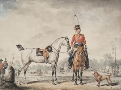 Казак с лошадью на площади Людовика XV в Париже. Верне, Карл. 1758-1836. Франция, 1815 г. бумага, акварель, тушь кистью, гуашь по наброску карандашом. 44х59 см. ГЭ.