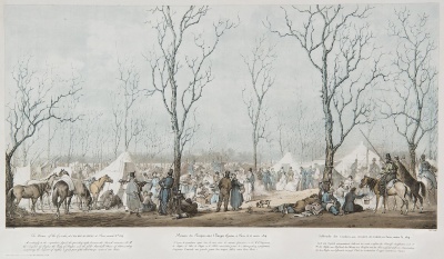 Бивуак донских казаков на Елисейских Полях в Париже в марте 1814 года. 1814 г. Гравер: Жазе, Жан-Пьер-Мари. 1788-1871; Инвентор: Зауервейд А.И. 1782-1844. Бумага, акватинта, цветная печать. 39,7х63,2 см. ГЭ.