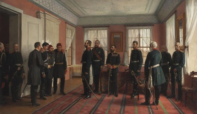Представление пленного Османа-Паши Александру II в Плевне. Россия, 1887 г., Дмитриев-Оренбургский Н.Д. 1837-1898, холст, масло, 105х181 см
