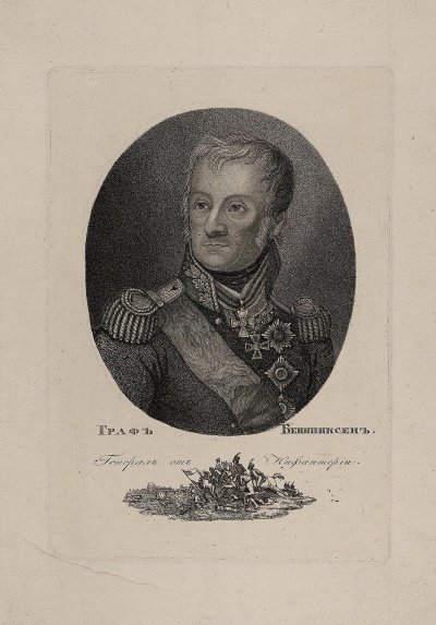 Портрет генерала, графа Л.Л. Беннигсена. Вендрамини, Франческо. 1780-1856. Россия, Санкт-Петербург, Первая четверть XIX в. Бумага, пунктир, гравюра резцом, 35,8х25,5 см.