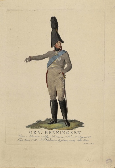 Портрет генерала, графа Л.Л. Беннигсена. Лауренц, Иоганн Даниэль Младший. Род. ок. 1770. Германия, Берлин, Первая четверть XIX в. Бумага, пунктир, акварель, офорт. 34х24 см. ГЭ.