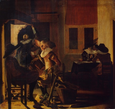 Офицеры в караульне. Дейстер, Виллем Корнелис. 1599-1635. Голландия, Около 1633 г., дерево, масло, 43,5x45,5 см. ГЭ