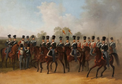 Группа офицеров и юнкеров Николаевского кавалерийского училища. Виллевальде Б.П. 1818-1903. Россия, 1847 г., холст, масло, 67,5х96 см., ГЭ