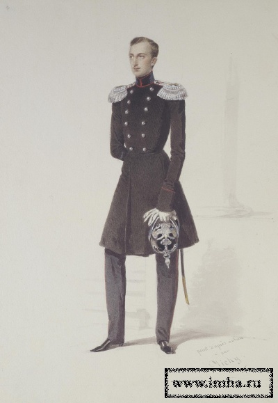 Портрет великого князя Николая Николаевича старшего. Альбом "Офицеры лейб-гвардии Конно-пионерского дивизиона". Зичи М.А. 1827-1906. Венгрия-Россия, 1852 г. Бумага плотная желтоватая, гуашь, акварель, белила. 27х18,8 см. ГЭ.