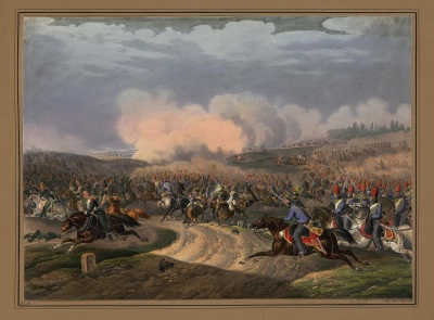 Сражение при Арси-сюр-Об 8 (20) марта 1814 года. Первая четверть XIX в. Гравер: Трентсенски, Матиас. 1790-1868; Инвентор: Клейст, Фридрих-Антон-Ульрих-Карл-Леопольд (?). 1765-1833. Бумага, литография, акварель. 36,5х50 см. ГЭ