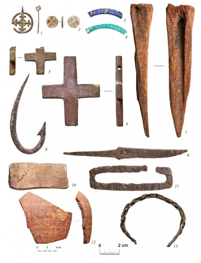 Находки на территории посада: 1 – крестовидная подвеска, 2 – вставка перстня, 3, 4, 13 – браслеты, 5, 6 – крестики, 7 – проколка, 8 – крючок рыболовный, 9 – нож, 10 – оселок, 11 – кресало, 12 – обломок краснолощеного сосуда.