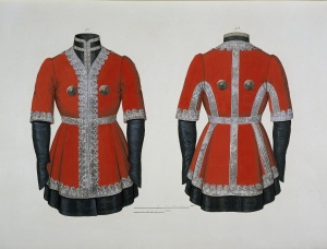 Парадный мундир офицеров-горцев Собственного Его Императорского Величества Конвоя. Россия, 1848 г. Неизвестный гравер. Бумага, литография, акварель, гуашь, лак, 53х72,2 см.