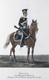Драгун Финляндского драгунского полка. Россия, Санкт-Петербург, 1821 г. Типография Главного штаба. Автор рисунка: Киль Л.И.?-1851; Гравер: Неизвестный гравер, перв. трети XIX в. Бумага, офорт, акватинта, акварель, гуашь, тушь. 31х23 см.