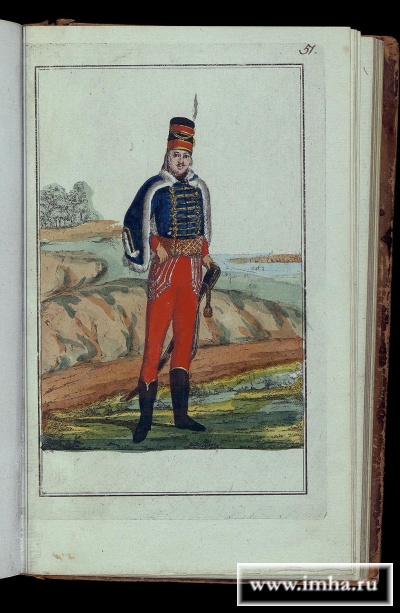Гусарский офицер, причисленный ко Псковскому драгунскому полку. Россия, Санкт-Петербург, 1793 г. Гравер: Гейслер, Христиан Готтфрид Генрих. 1770-1844. Бумага голубая, офорт раскрашенный. 21,4х13 см (рамка); 17х10,7 см.