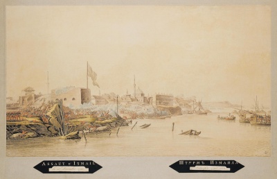 Штурм русскими войсками крепости Измаил. Россия, Конец XVIII в. Бумага, офорт, гравюра резцом, акварель. 42х73,5 см.