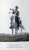 Трубач Тверского драгунского полка. Россия, Санкт-Петербург, 1821 г. Типография Главного штаба. Автор рисунка: Киль Л.И.?-1851; Гравер: Неизвестный гравер, перв. трети XIX в. Бумага, офорт, акватинта, акварель, гуашь, тушь. 31х23 см.