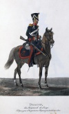 Драгун Рижского драгунского полка. Россия, Санкт-Петербург, 1821 г. Типография Главного штаба. Автор рисунка: Киль Л.И.?-1851; Гравер: Неизвестный гравер, перв. трети XIX в. Бумага, офорт, акватинта, акварель, гуашь, тушь. 31х23 см.