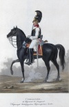Кирасир Новгородского кирасирского полка. Россия, Санкт-Петербург, 1821 г. Типография Главного штаба. Автор рисунка: Киль Л.И.?-1851; Гравер: Неизвестный гравер, перв. трети XIX в. Бумага, офорт, акватинта, акварель, гуашь, тушь. 31х23 см.