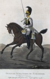 Обер-офицер Астраханского кирасирского полка. Россия, Санкт-Петербург, 1821 г. Типография Главного штаба. Автор рисунка: Киль Л.И.?-1851; Гравер: Неизвестный гравер, перв. трети XIX в. Бумага, офорт, акватинта, акварель, гуашь, тушь. 31х23 см. ГЭ