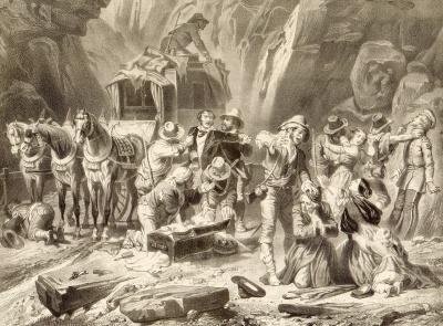 Нападение разбойников на дилижанс в ущелье. Неизвестный литограф. Италия (?), XIX в. бумага, литография, 355х490 мм. ГЭ