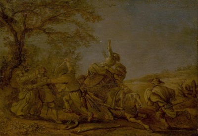 Нападение разбойников. Велде, Эсайас ван де, ок. 1587-1630. Голландия, дерево, масло, гризайль. 23х32,5 см. ГЭ
