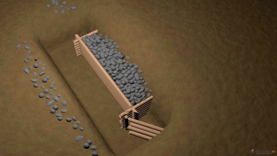 3D реконструкция фрагмента пятиугольного сруба, забутованного камнем.