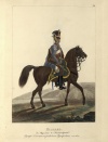 Гусар Елизаветградского гусарского полка. Россия, Санкт-Петербург, 1821 г. Неизвестный гравер, перв. трети XIX в. Автор рисунка: Киль, Лев Иванович?-1851. Бумага. Офорт, акватинта, акварель, гуашь, тушь. 31х23 см. ГЭ