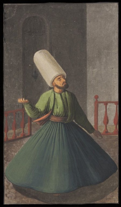 Мелвеви или танцующий дервиш. Акварель, около 1809 г. Из серий картин видов и типов Османской империи, заказанных Стратфордом Каннингом (позднее виконтом Стратфордом де Редклиффом), 1786-1880. Стратфорд де Редклифф, британский дипломат в Турции, первая должность в качестве первого секретаря Роберта Адэра во время его миссии в Стамбуле в 1808 году.  По прибытии Каннинг вскоре организовал официальную (и неофициальную) изучение османских учреждений, зданий и обычаев, для фиксации сцен и типов нанял местного художника. Личность художника неизвестна, хотя турецкие ученые считают, что он был частью мастерской или кружка Константина Капидагли. Его стиль сочетает в себе плотную и блестящую воду и цвет кузова, используемые османскими художниками, с европейскими конвенциями представления и перспективы. Музей Виктории и Альберта.