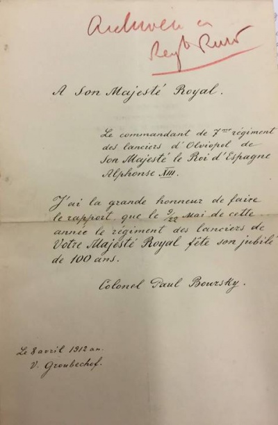 Поздравление в адрес Альфонсо от командира Ольвиопольцев в связи со 100-летием его полка
