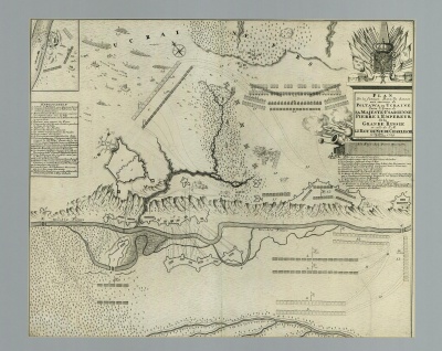 План сражения при Полтаве 27 июня (8 июля) 1709 г. Неизвестный гравер. Голландия, Гаага, первая треть XVIII в. Бумага, резец. 49,5х58,5 см. ГЭ