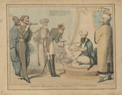 Британская карикатура. Русская дипломатия. Война или торговля. 1829 г.